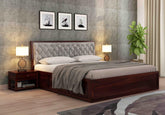 MoonWooden Solid Sheesham Wood King Size Bed with Storage | Wooden Double Bed Cot Bed with Box Storage & Upholstered Cushioned Headboard for Bedroom | Rosewood, Walnut Finish